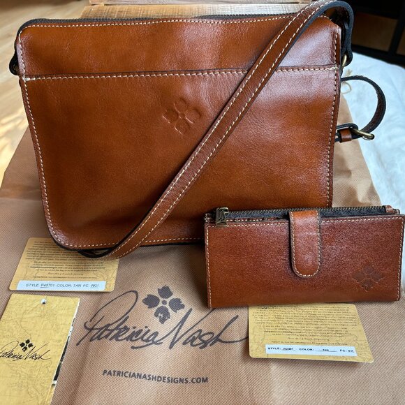 Patricia Nash Nazaire Tan Leather Top-Zip Handbag & RFID Slim Bifold Wallet - Picture 1 of 16